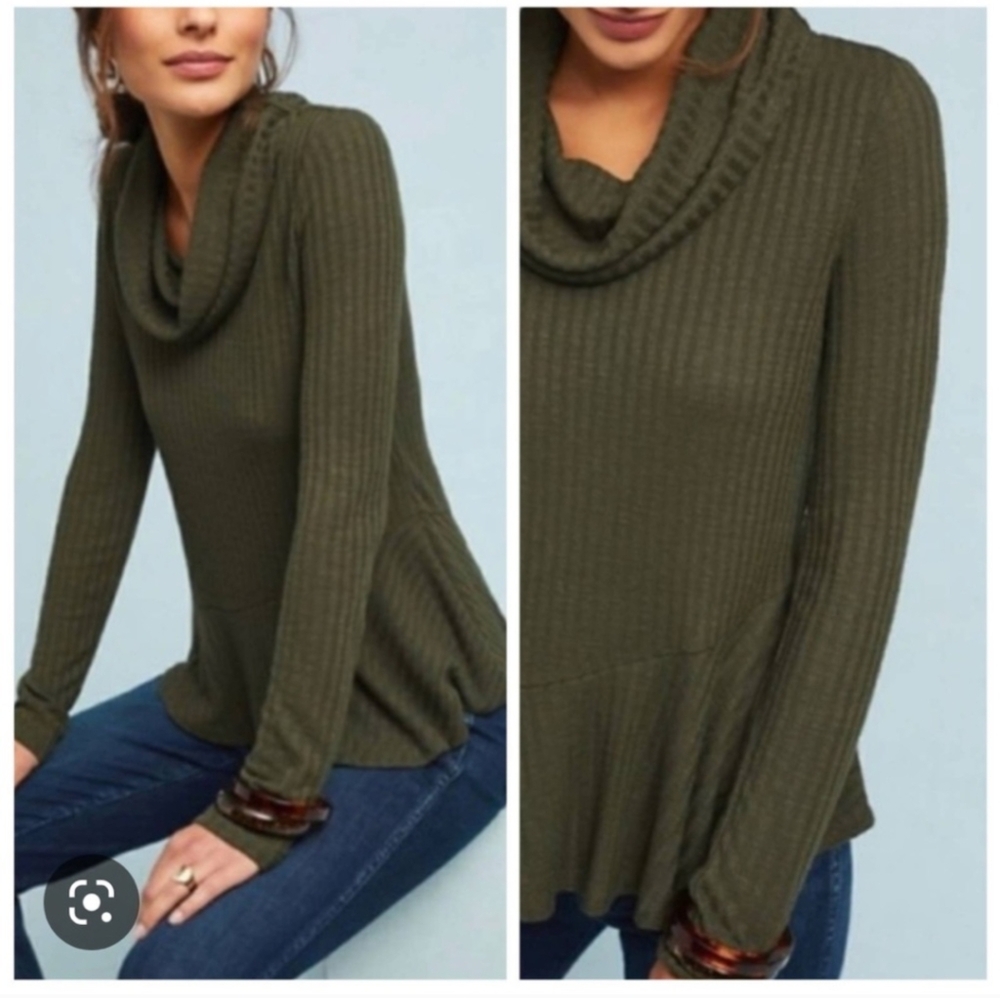 Anthropologie Maeve Dark Olive Green Cowl Neck Sweater Ribbed Small